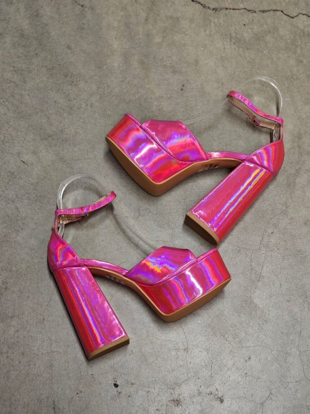 Iridescent Pink Platform Block Heel Sandals With Ankle Strap - Womens Statement - Picture 8 of 15